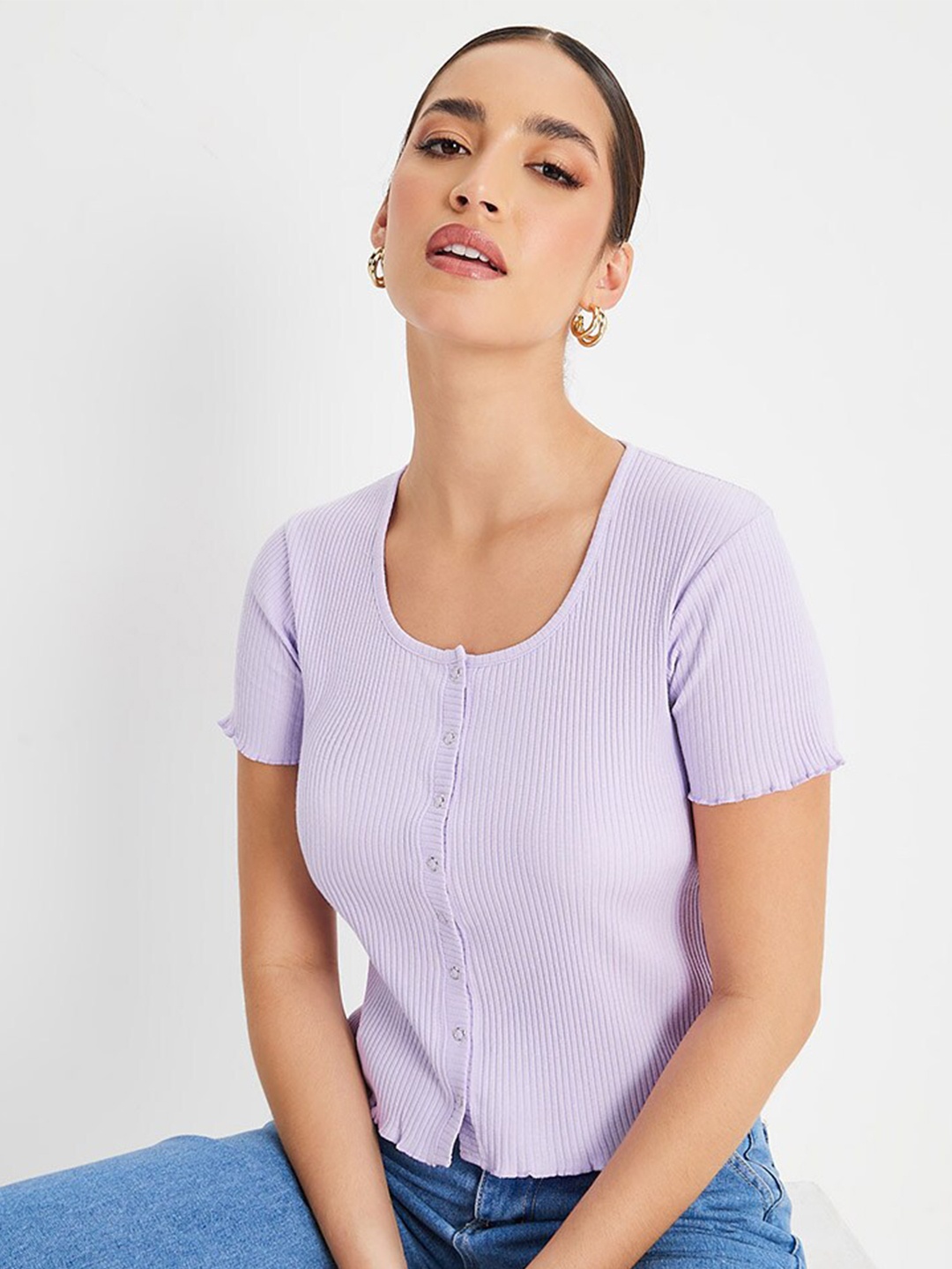 

Styli Round Neck Short Sleeves Ribbed Crop Top, Purple