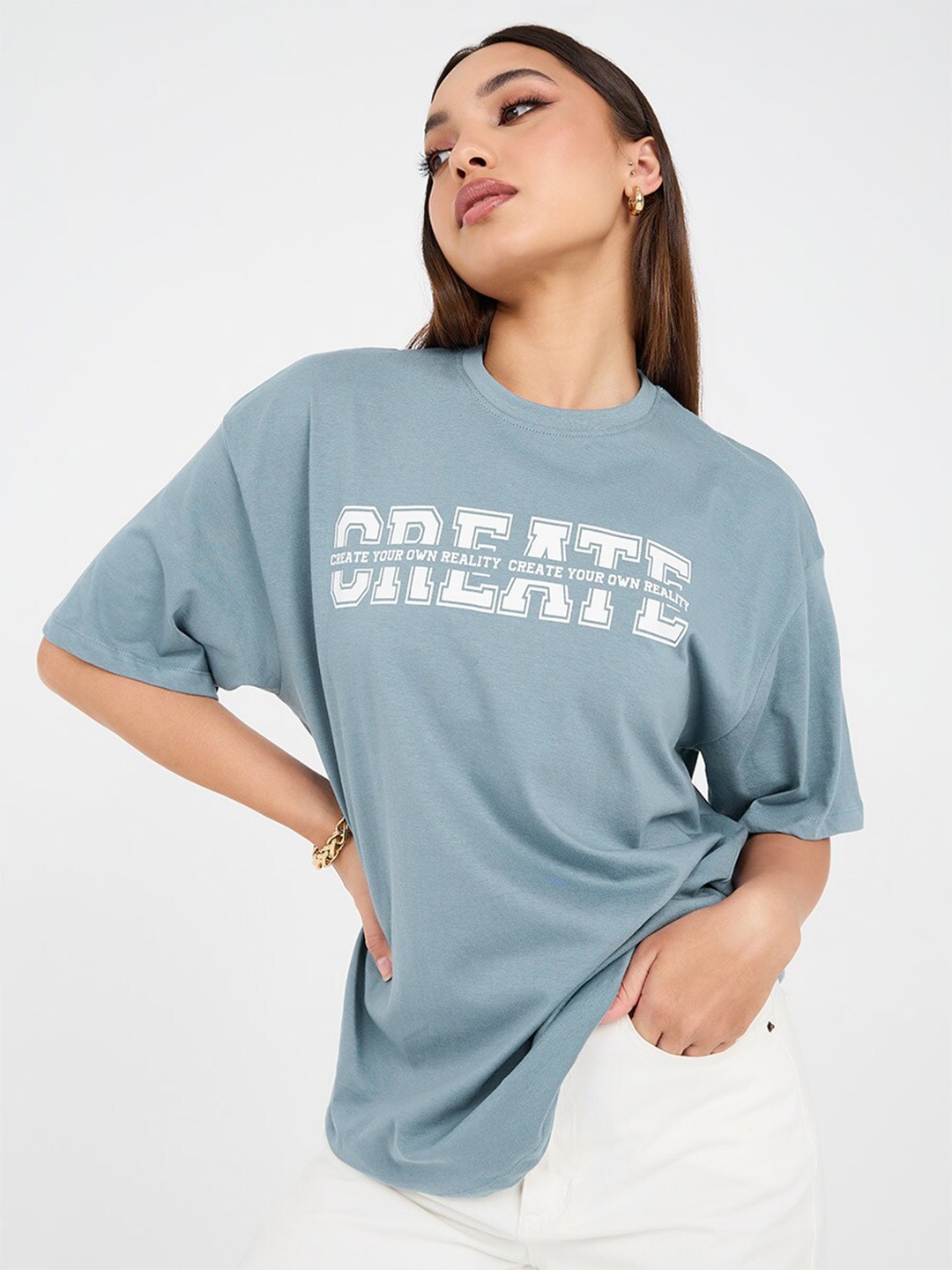 

Styli Blue Typography Printed Drop-Shoulder Sleeves T-shirt