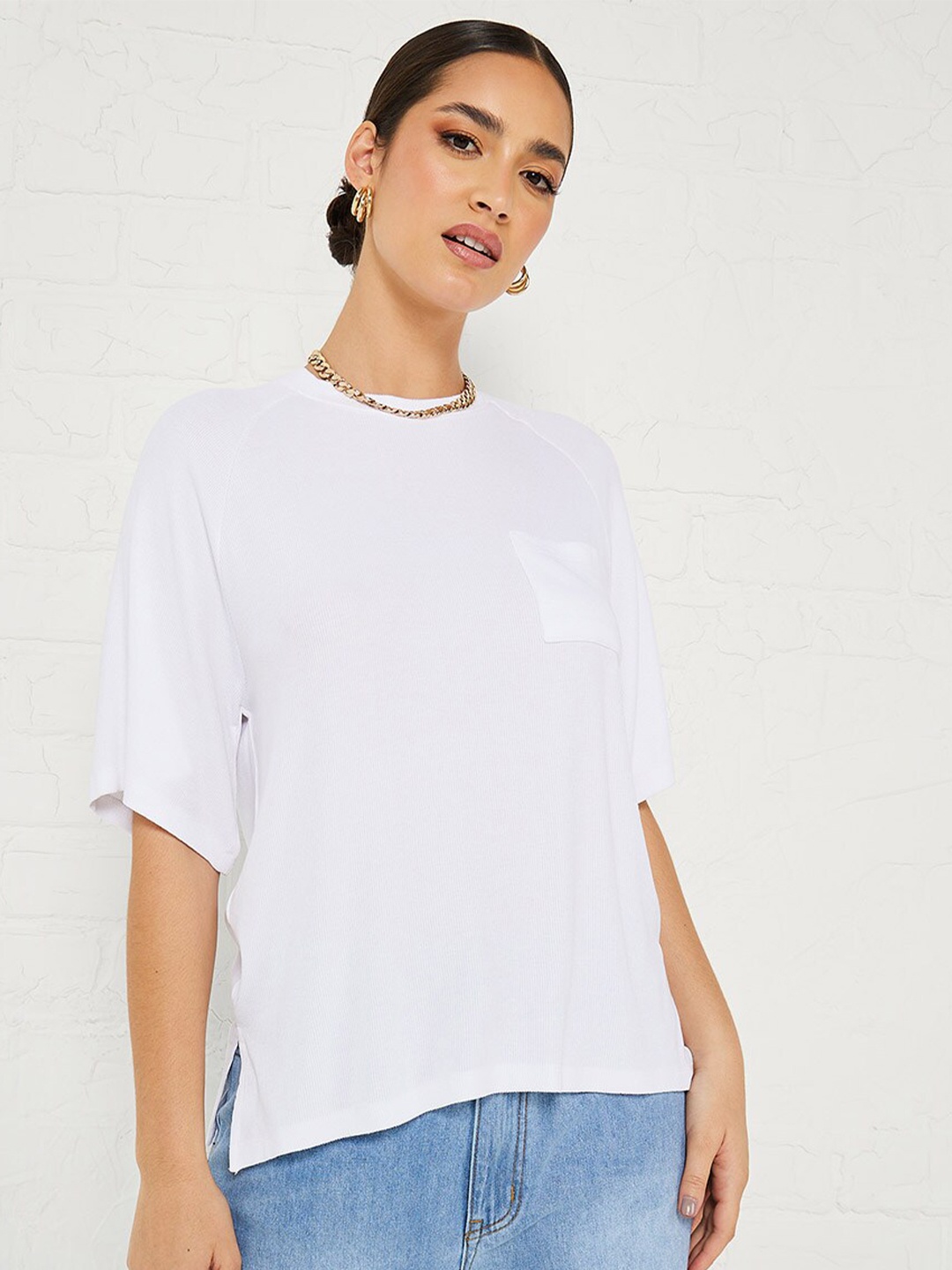 

Styli White Ribbed Self Design Extended Sleeves Oversized T-shirt