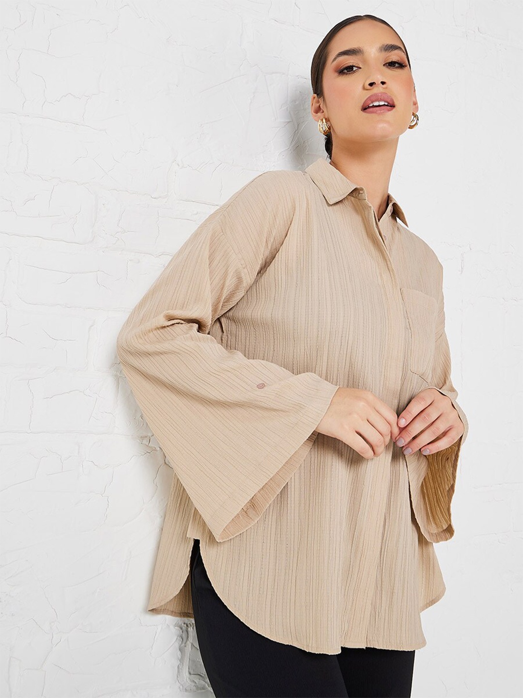 

Styli Beige Spread Collar Casual Shirt