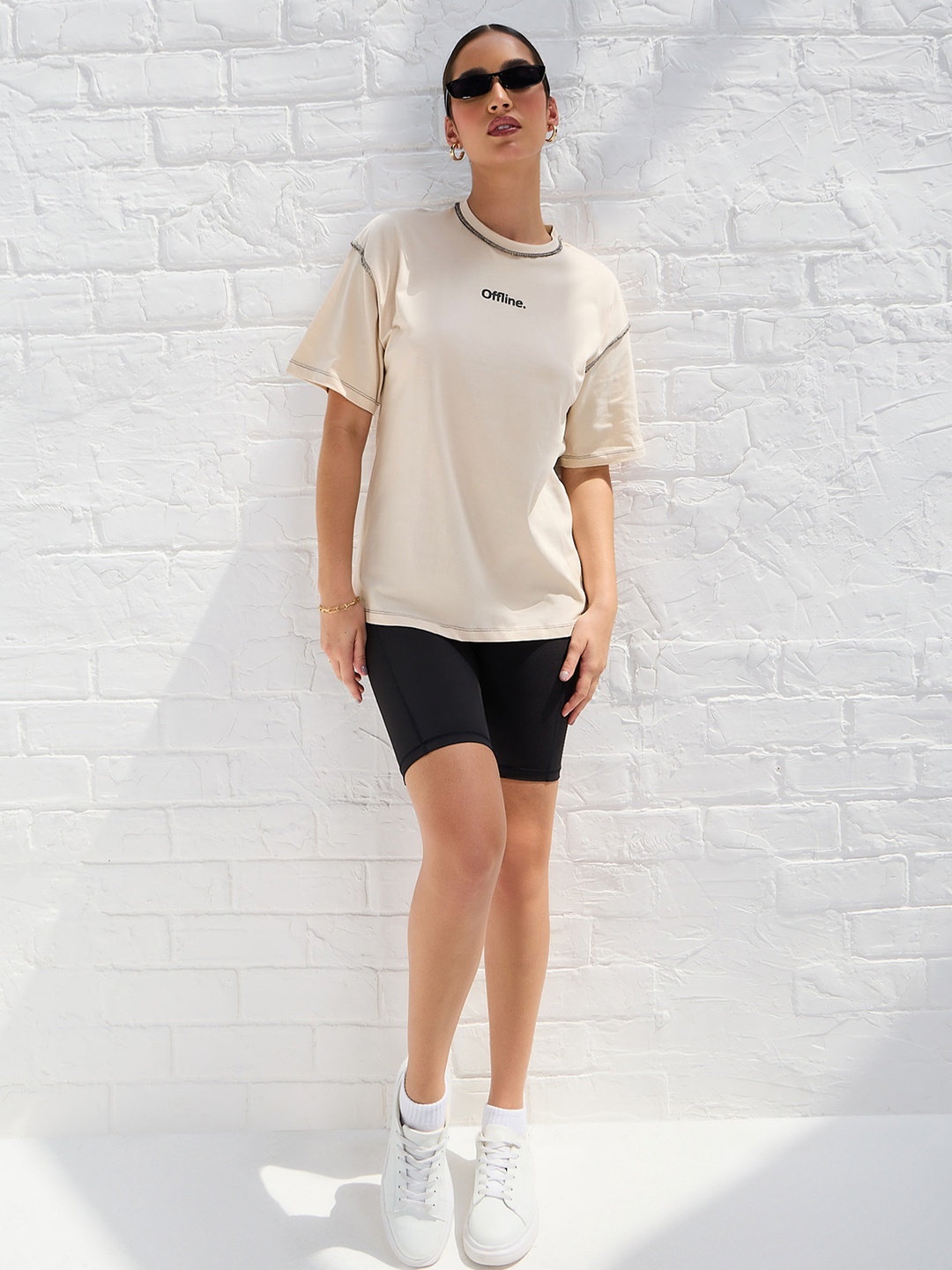 Styli Round Neck Oversized Drop Shoulder Sleeves T-Shirt, Beige