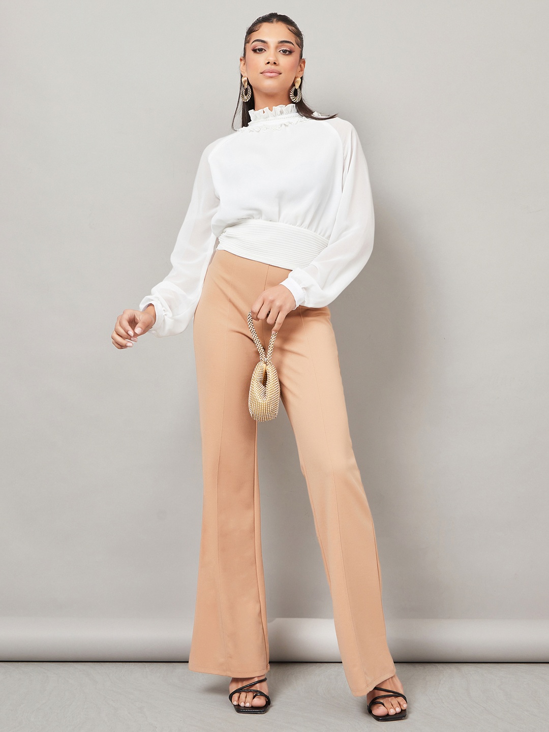 

Styli White High Neck Cuffed Sleeves Blouson Top