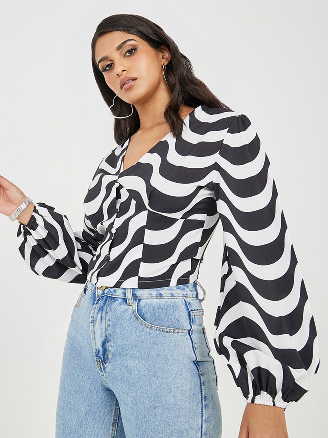 

Styli Striped Puff Sleeves Shirt Style Top, Navy blue