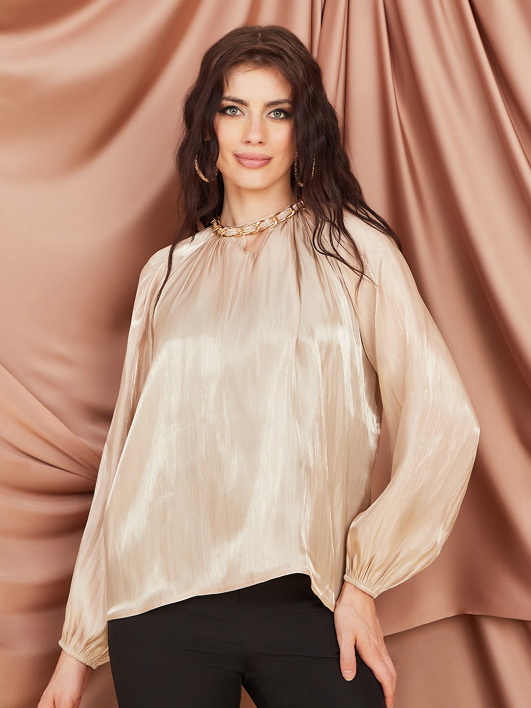 

Styli High Neck Extended Sleeves Chain Detail Blouson Top, Beige