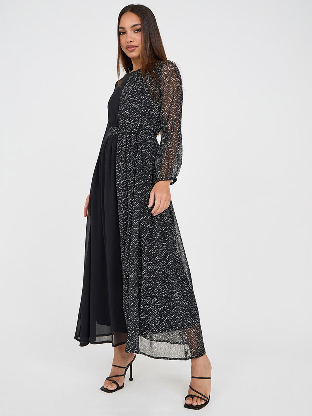

Styli Black Abstract Printed Puff Sleeves Belted Maxi Fit & Flare Dress