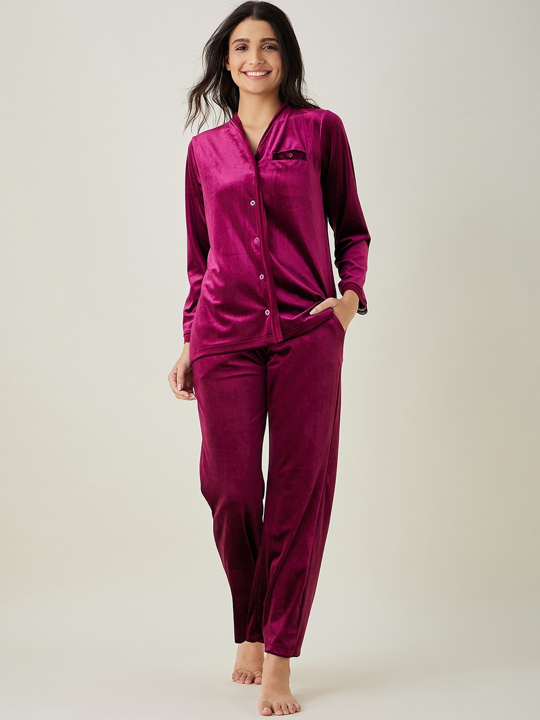 

The Kaftan Company V-Neck Button Down Night Suit, Burgundy