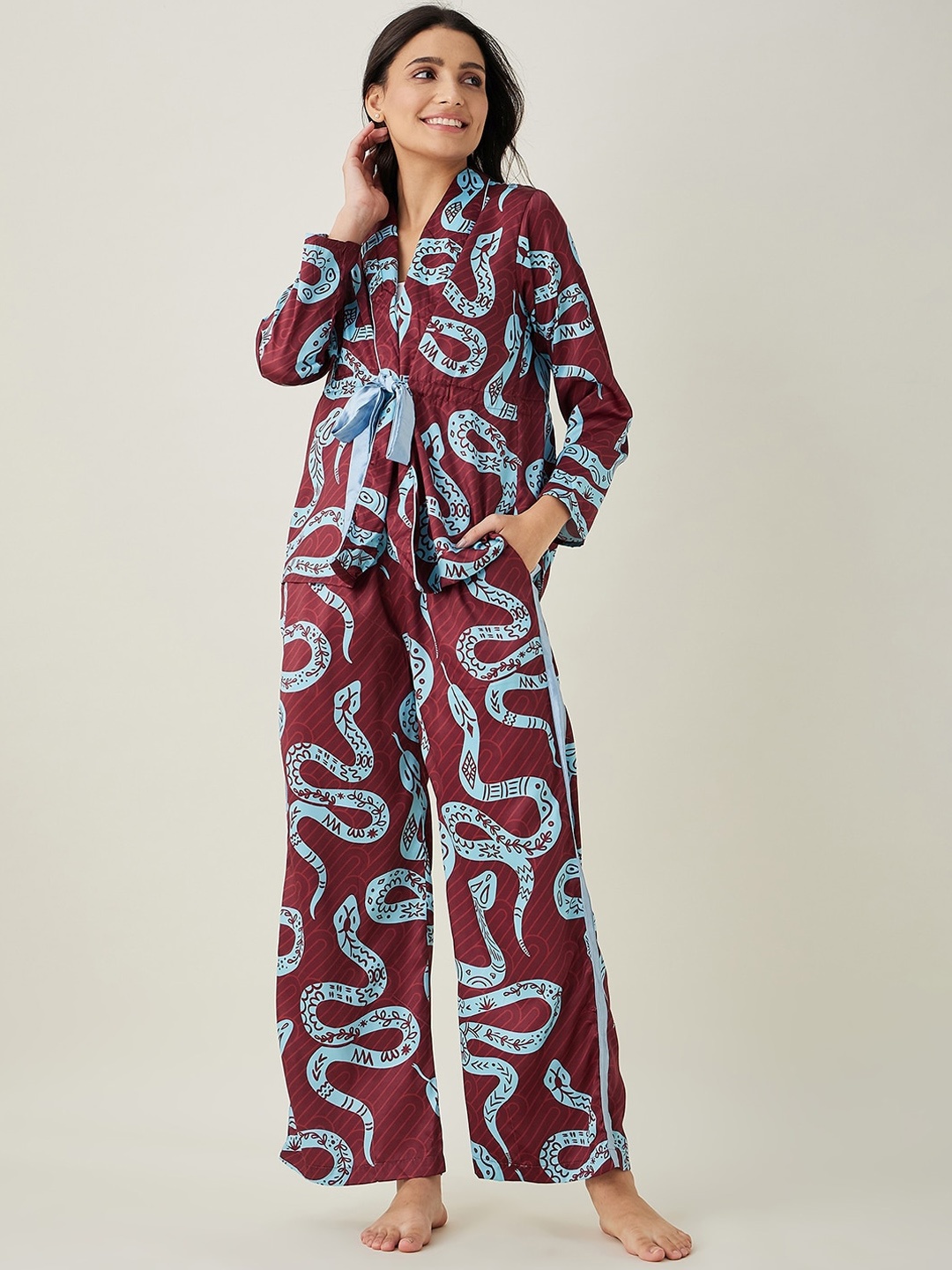 

The Kaftan Company Printed Shawl Collar Satin Night Suit, Burgundy