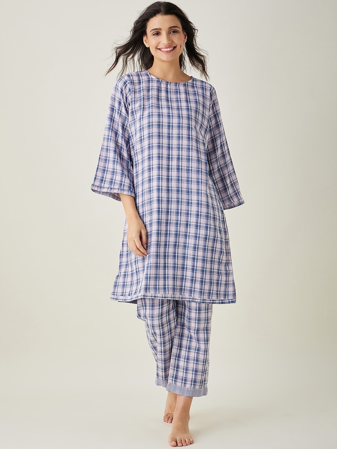 

The Kaftan Company Checked kurti & Pyjamas, Pink