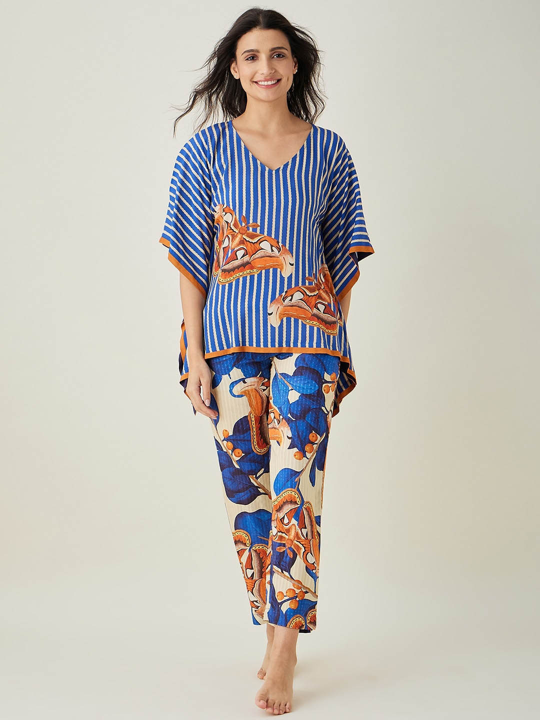 

The Kaftan Company Conversational Printed Night suit, Blue