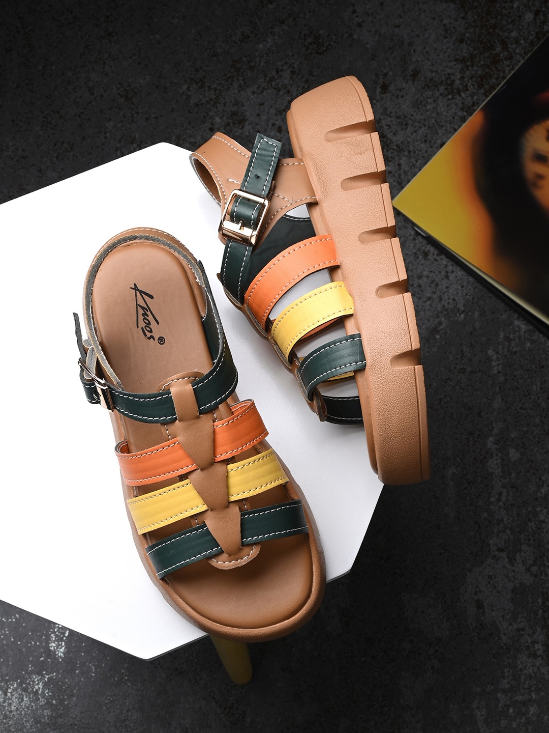 

knoos Colourblocked Open Toe Flats With Backstrap, Tan