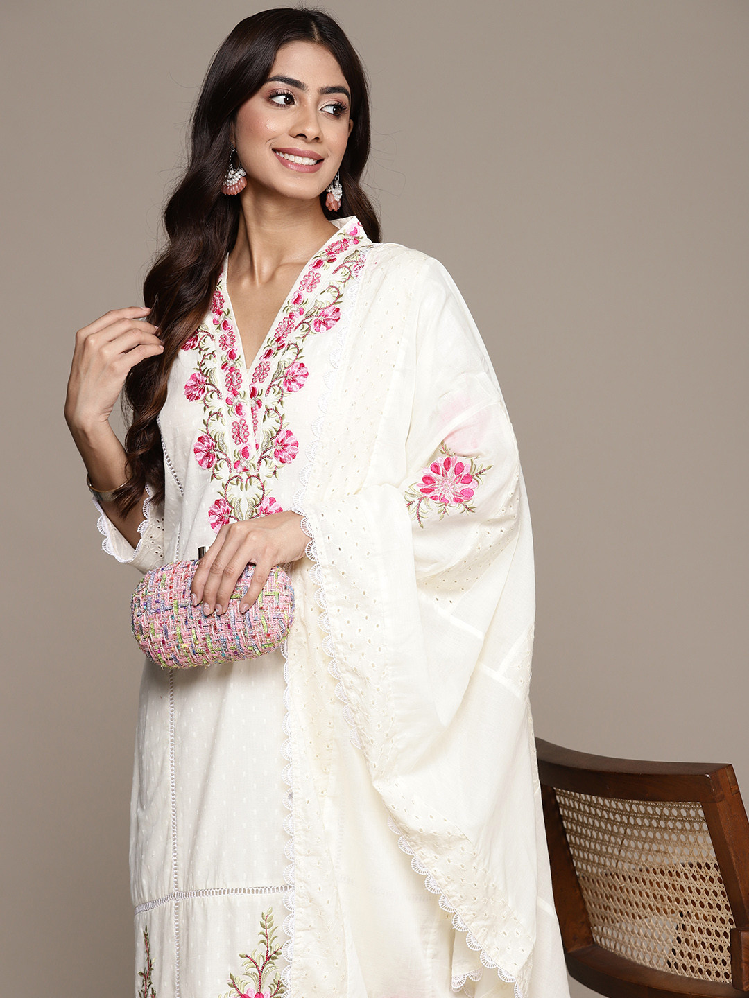 

Ishin Women Floral Embroidered Sequinned Pure Cotton Kurta with Trousers & With Dupatta, Off white