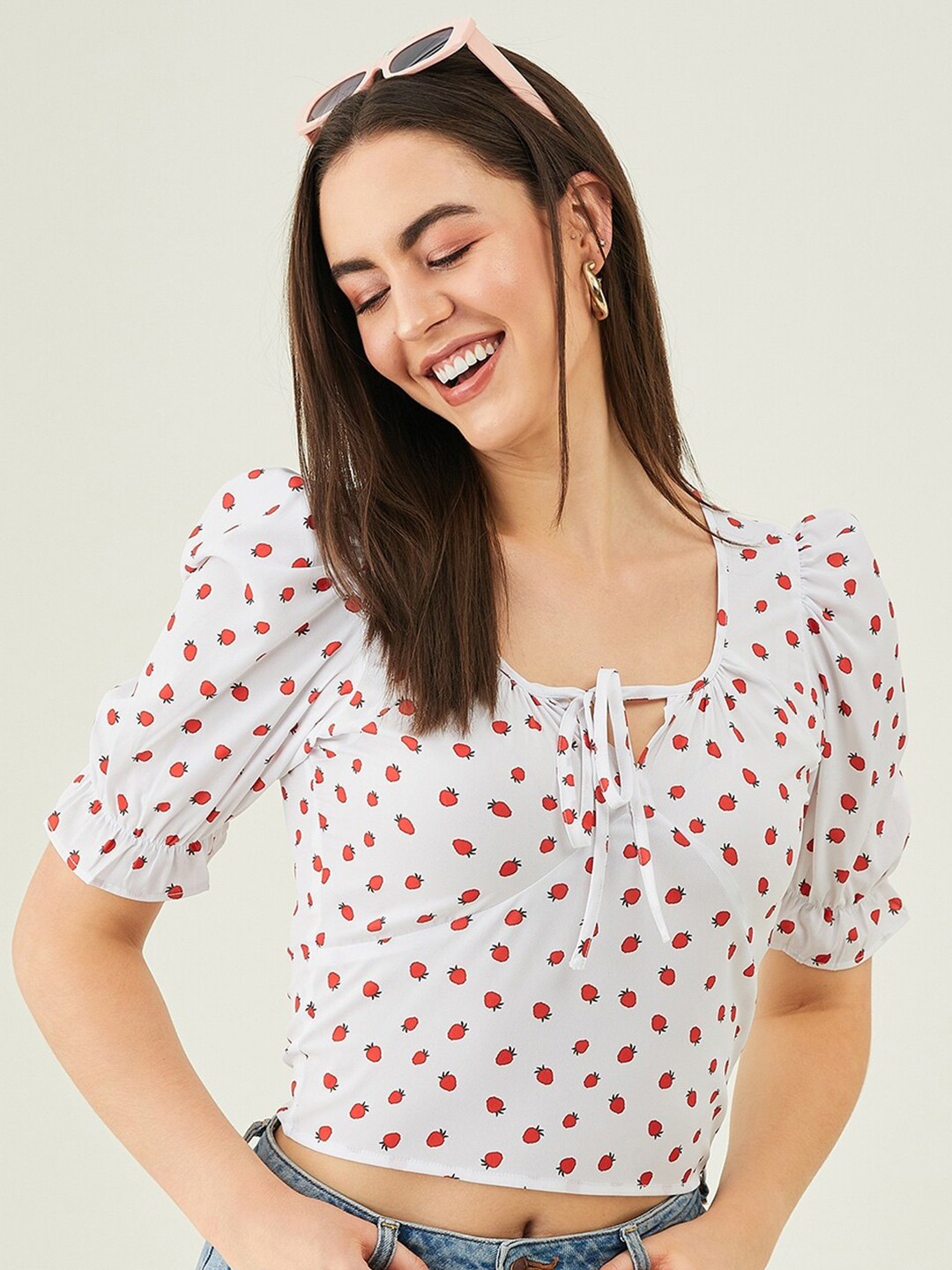 

Modeve Conversational Printed Tie-Up Neck Puff Sleeves Regular Crop Top, White