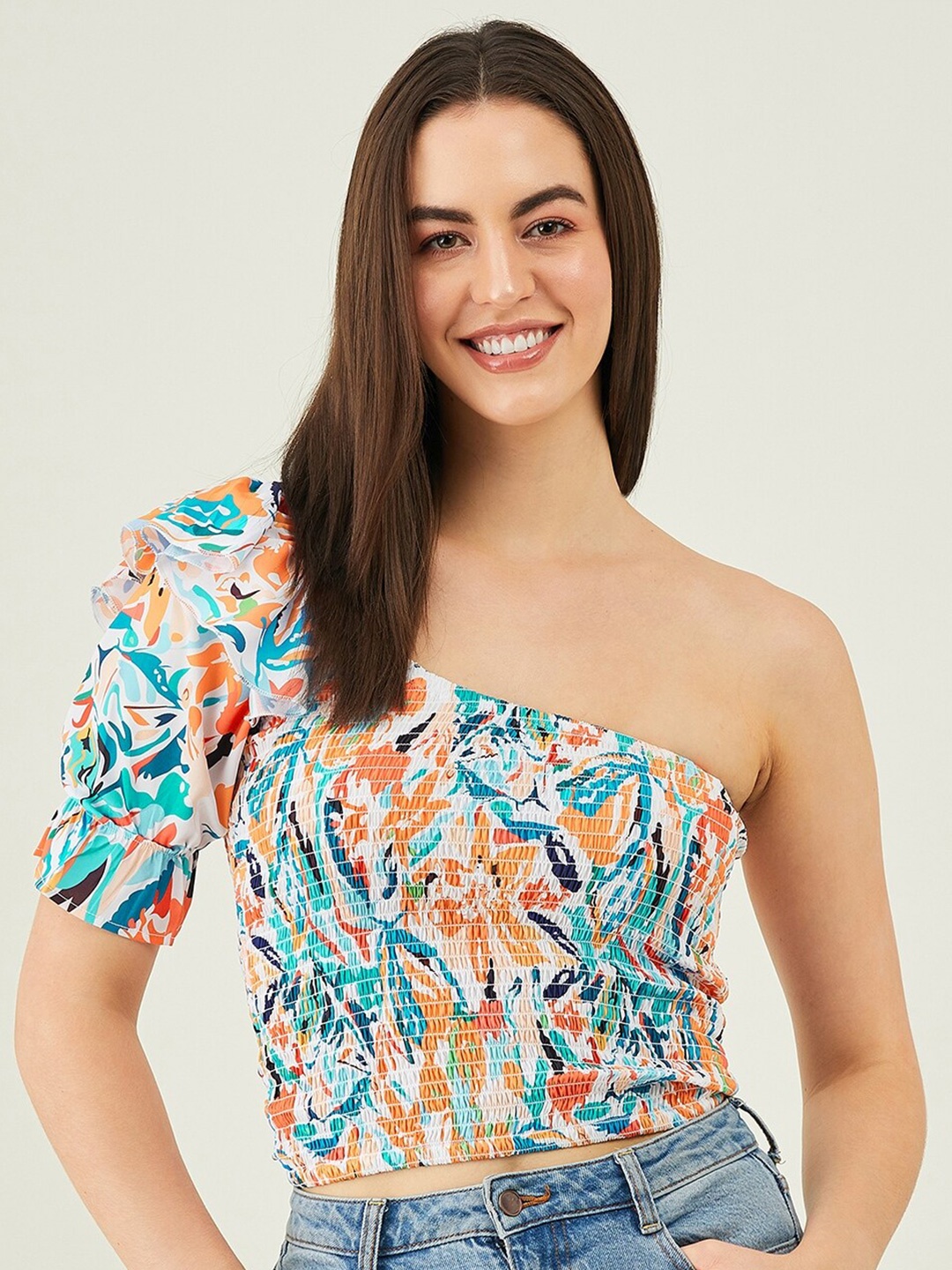 

Modeve Floral Print One Shoulder Puff Sleeve Crop Top, Turquoise blue