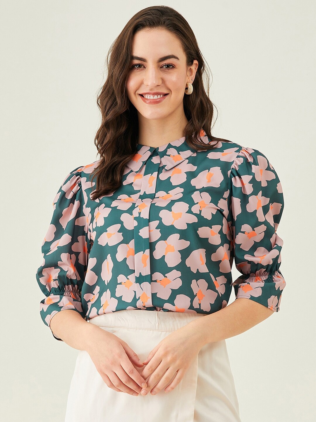 

Modeve Floral Printed Shirt Collar Puff Sleeves Shirt Style Top, Olive