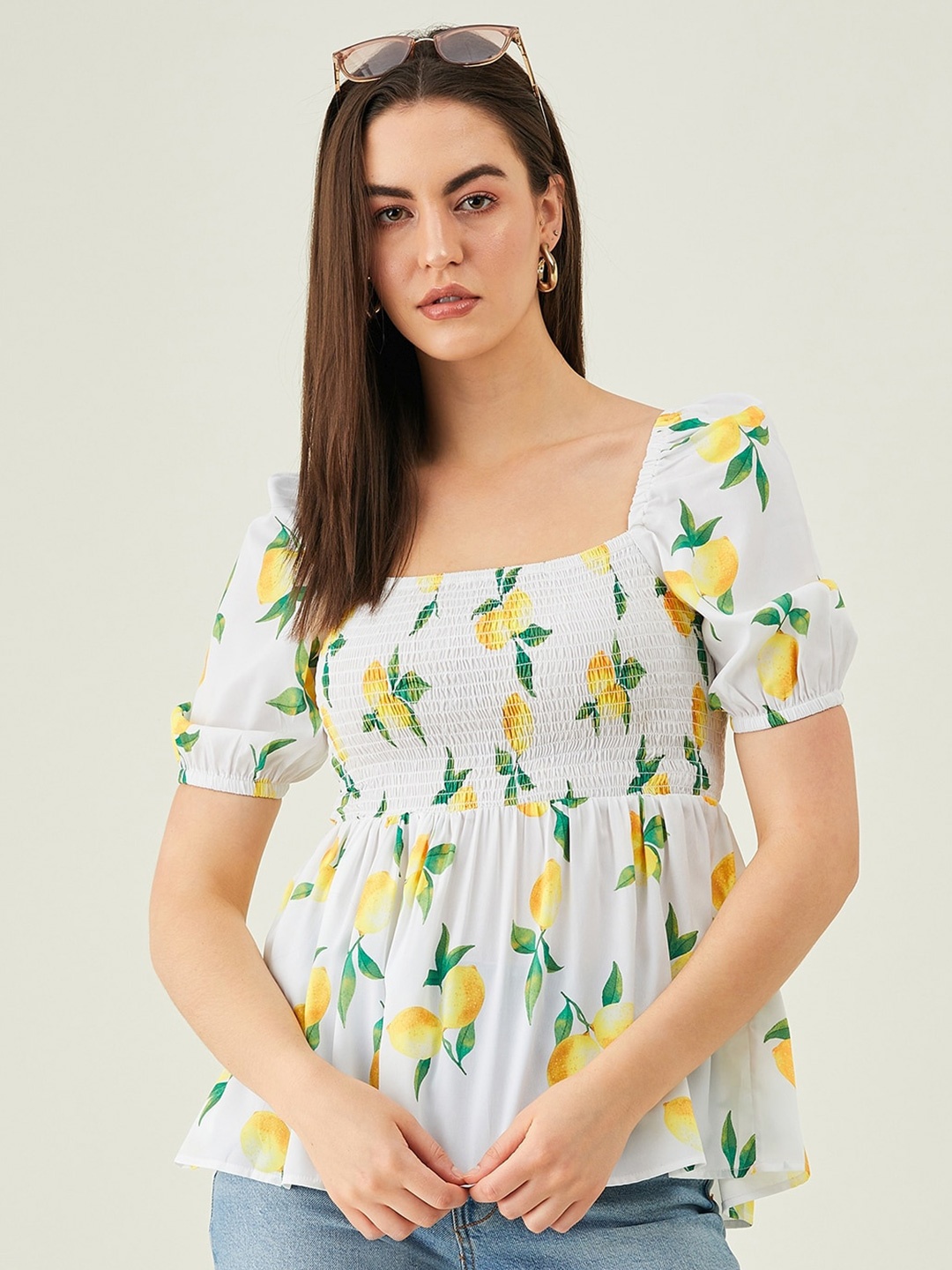 

Modeve Conversational Printed Square Neck Puff Sleeves Smocking Top, White