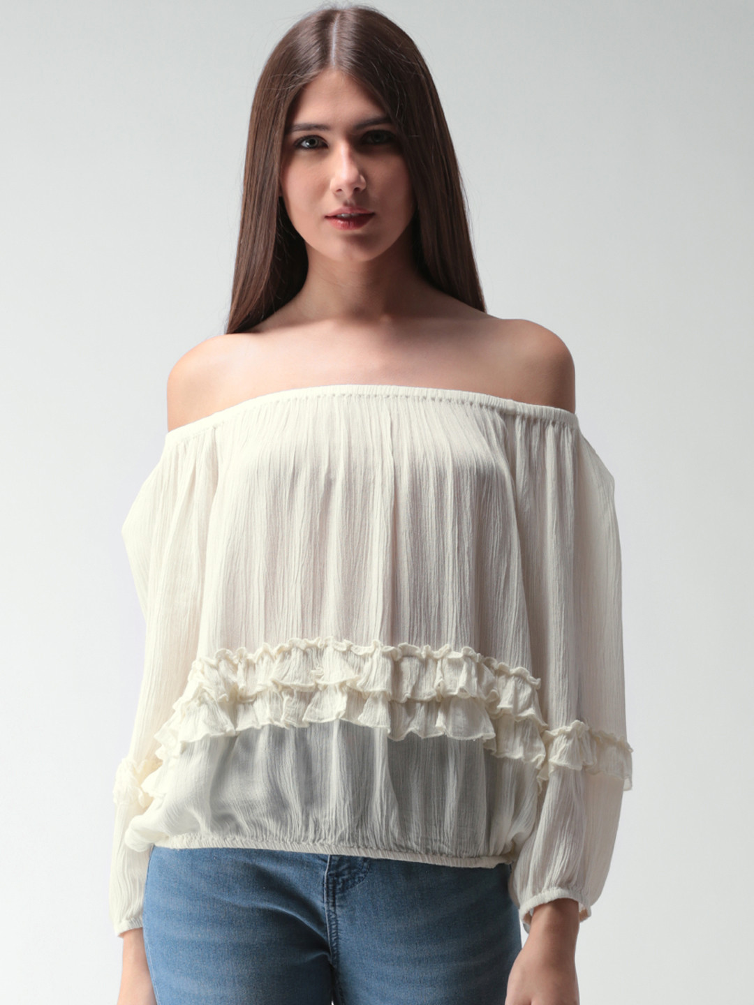 

FOREVER 21 Women Cream-Coloured Solid Blouson Top
