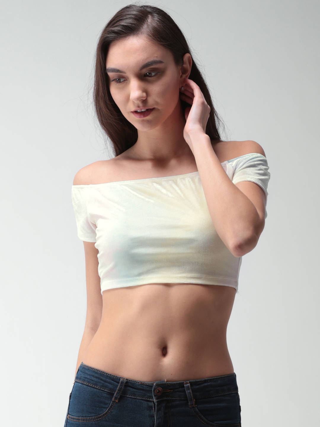 

FOREVER 21 Women Multicoloured Solid Bardot Crop Top, Multi