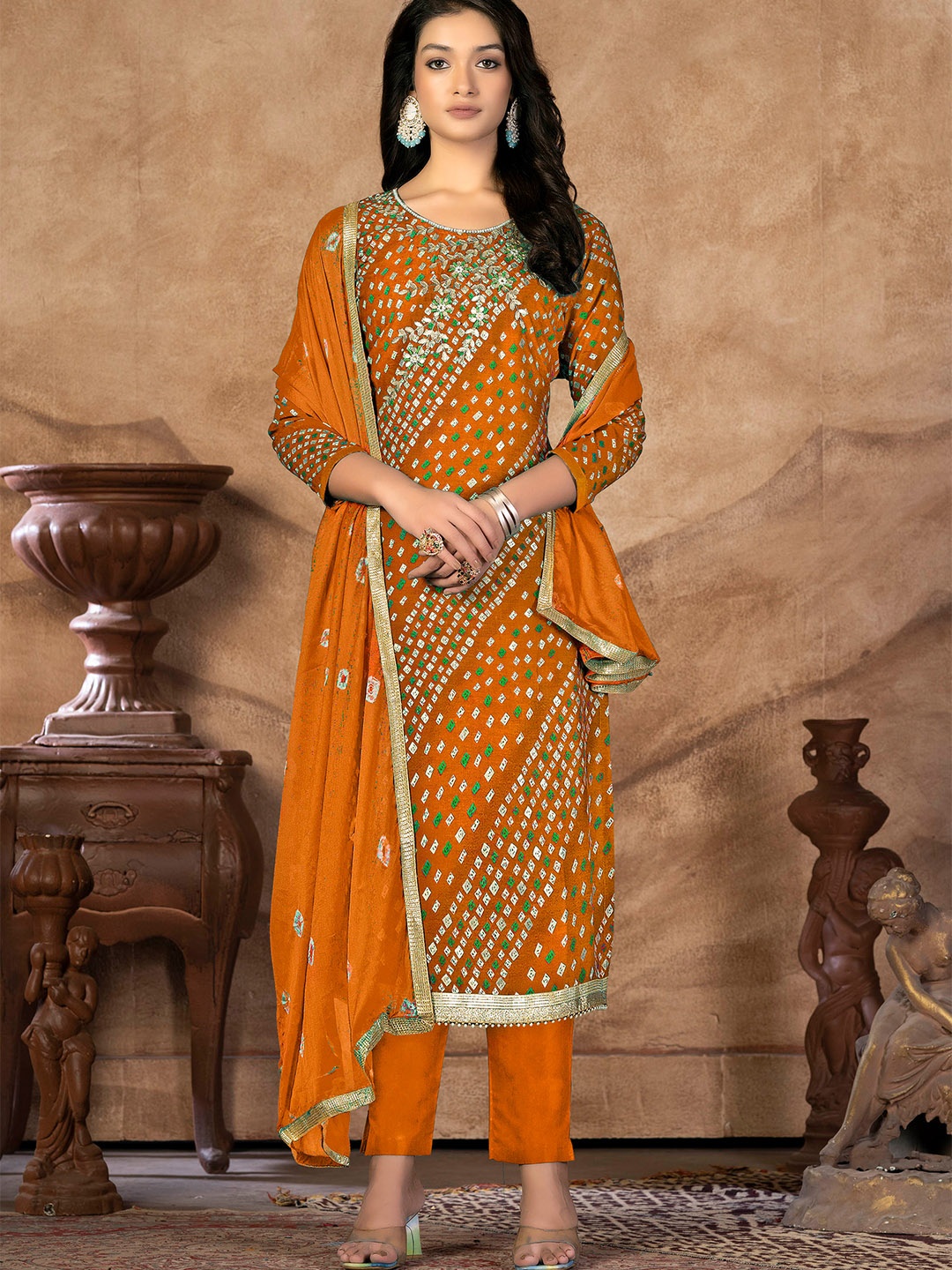 

KALINI Bandhani Printed Sequinned Unstitched Dress Material, Orange