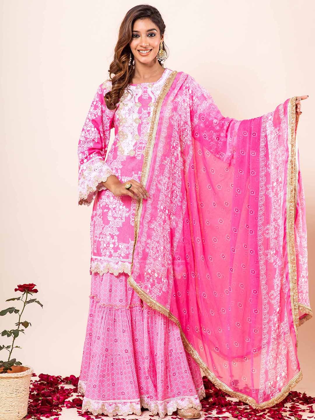 

Nehamta Ethnic Motifs Printed Kurta with Sharara & With Dupatta, Pink