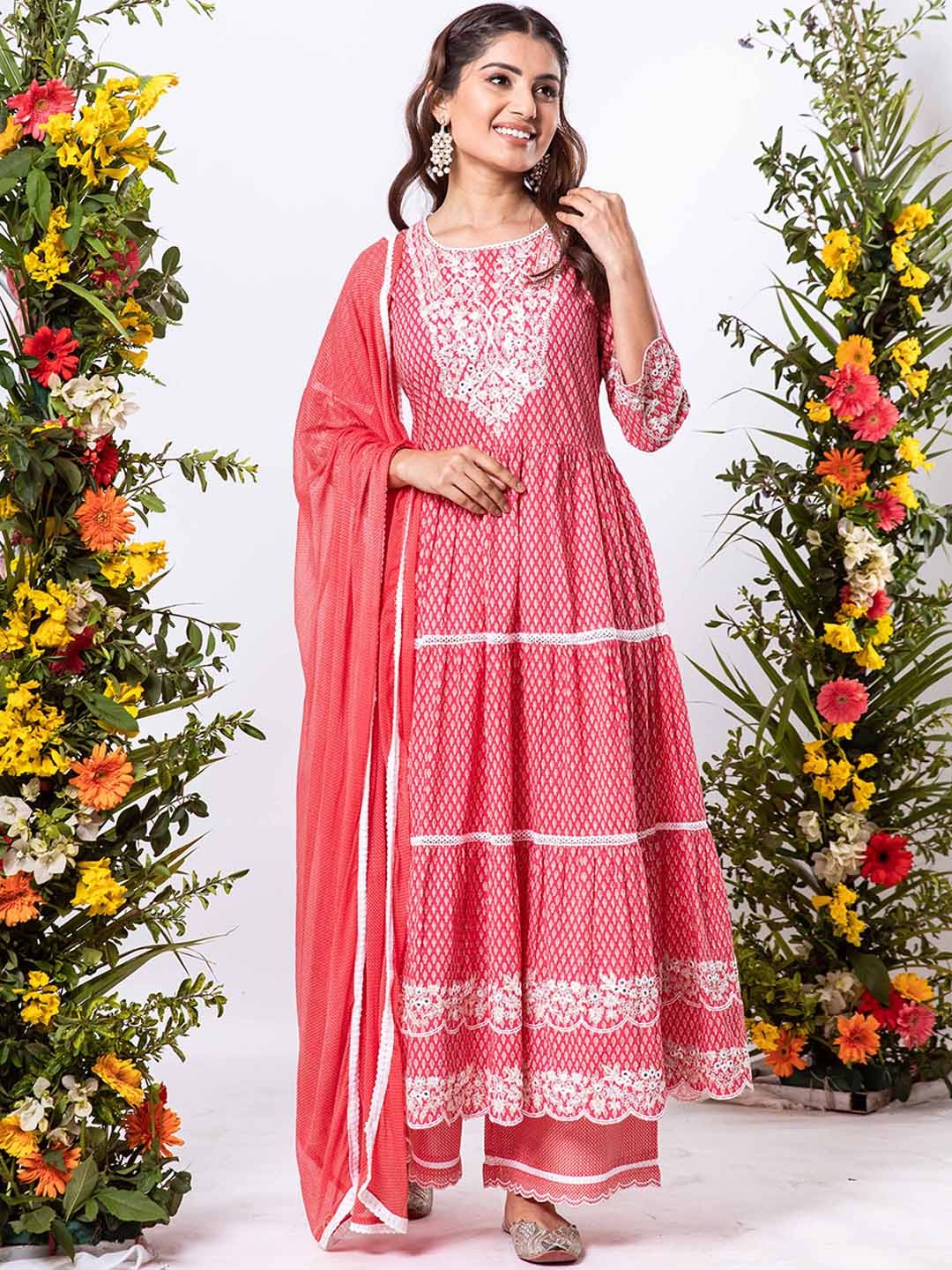 

Nehamta Ethnic Motifs Printed Tiered Thread Work Pure Cotton Kurta with Palazzos & Dupatta, Pink