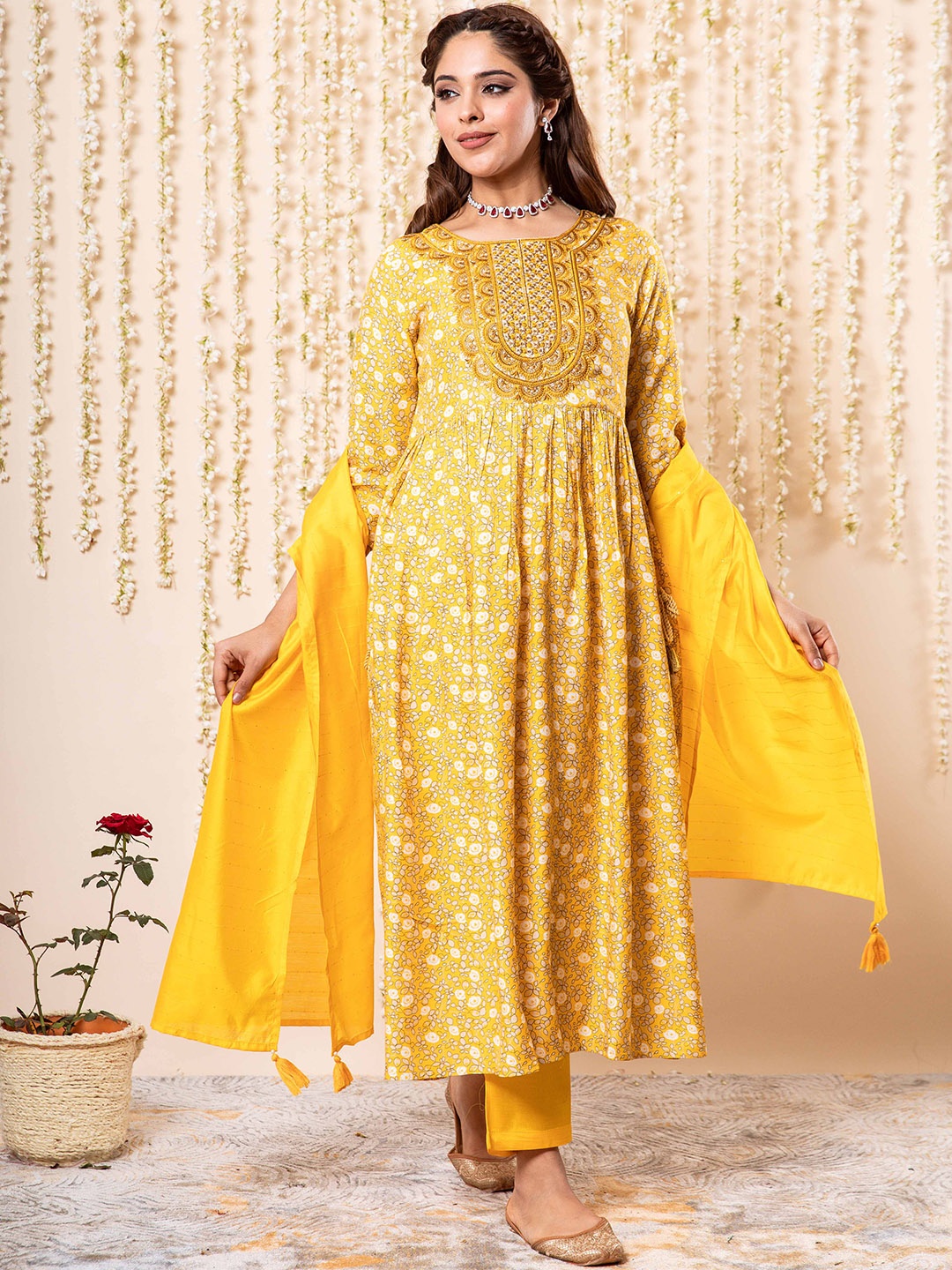 

Nehamta Ethnic Motifs Printed Pleated Sequinned Kurta With Trousers & Dupatta, Yellow