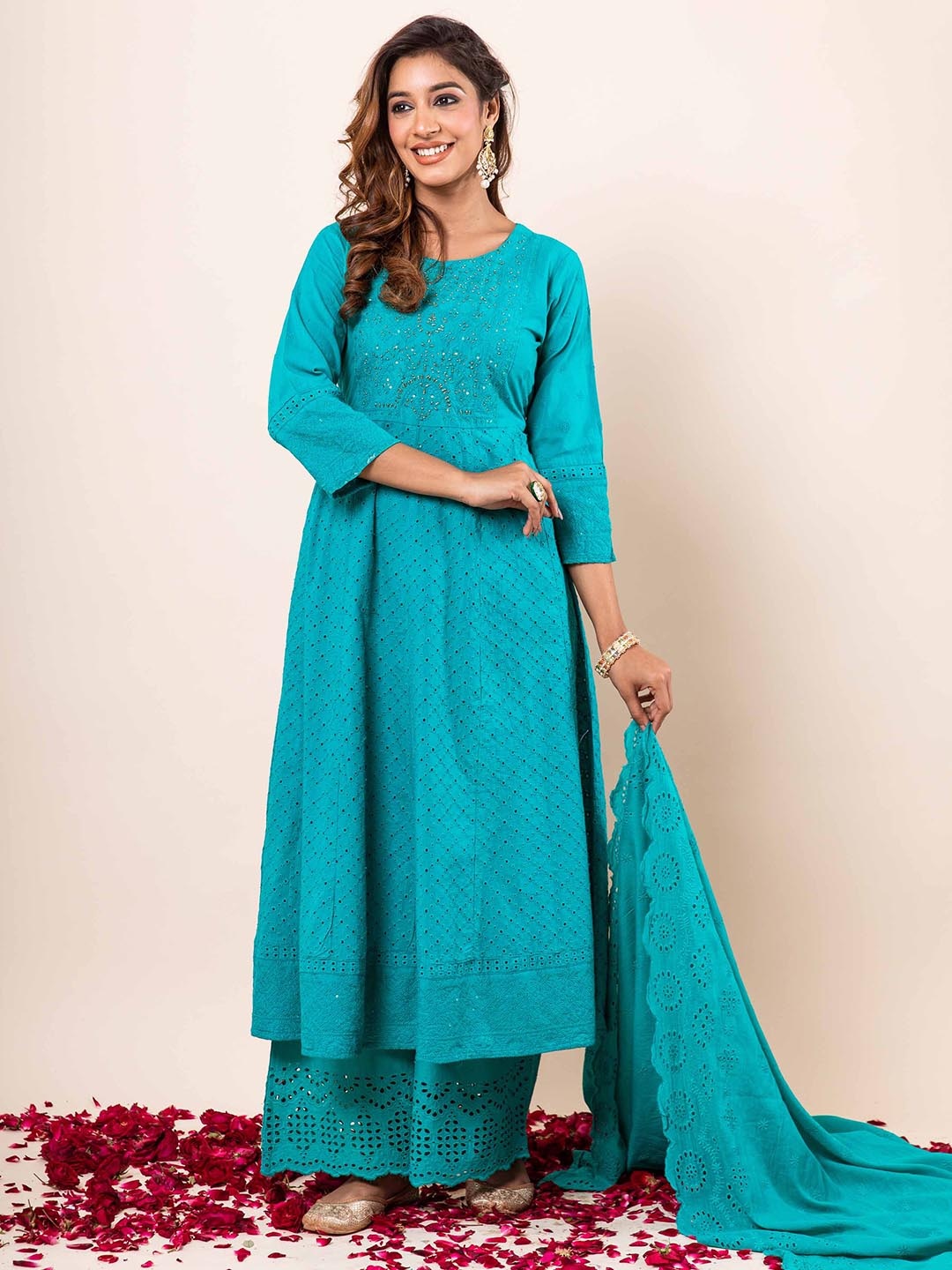 

Nehamta Floral Schiffli Pure Cotton A-Line Kurta With Palazzos & Dupatta, Turquoise blue