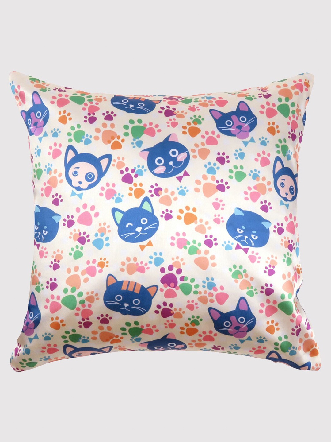 

OUSSUM Cream-Coloured & Blue Quirky Satin Square Cushion Cover