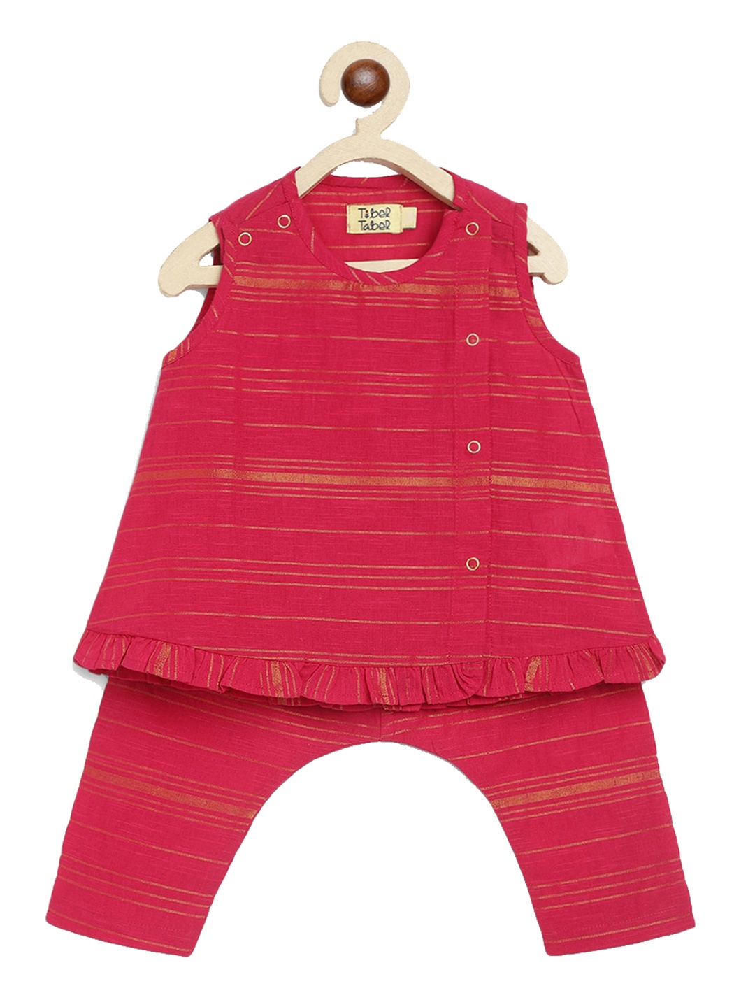 

Tiber Taber Infant Girls Striped Zari Pure Cotton Sleeveless Jhabla With Trousers, Pink