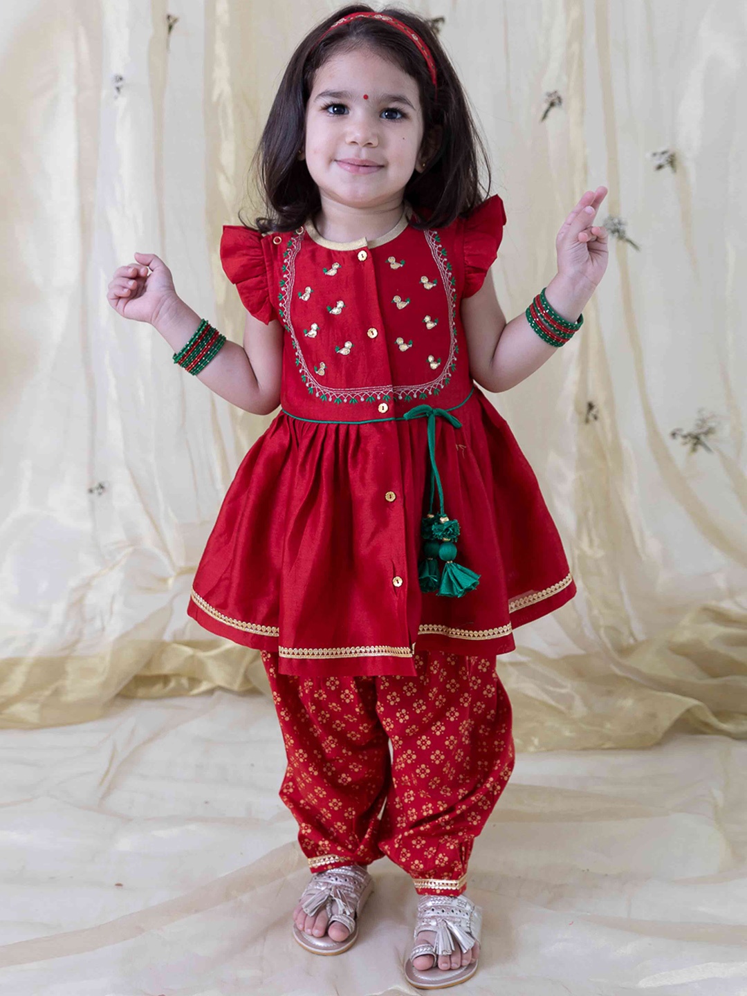 

Tiber Taber Girls Floral Embroidered Chanderi Silk Kurti with Salwar, Red