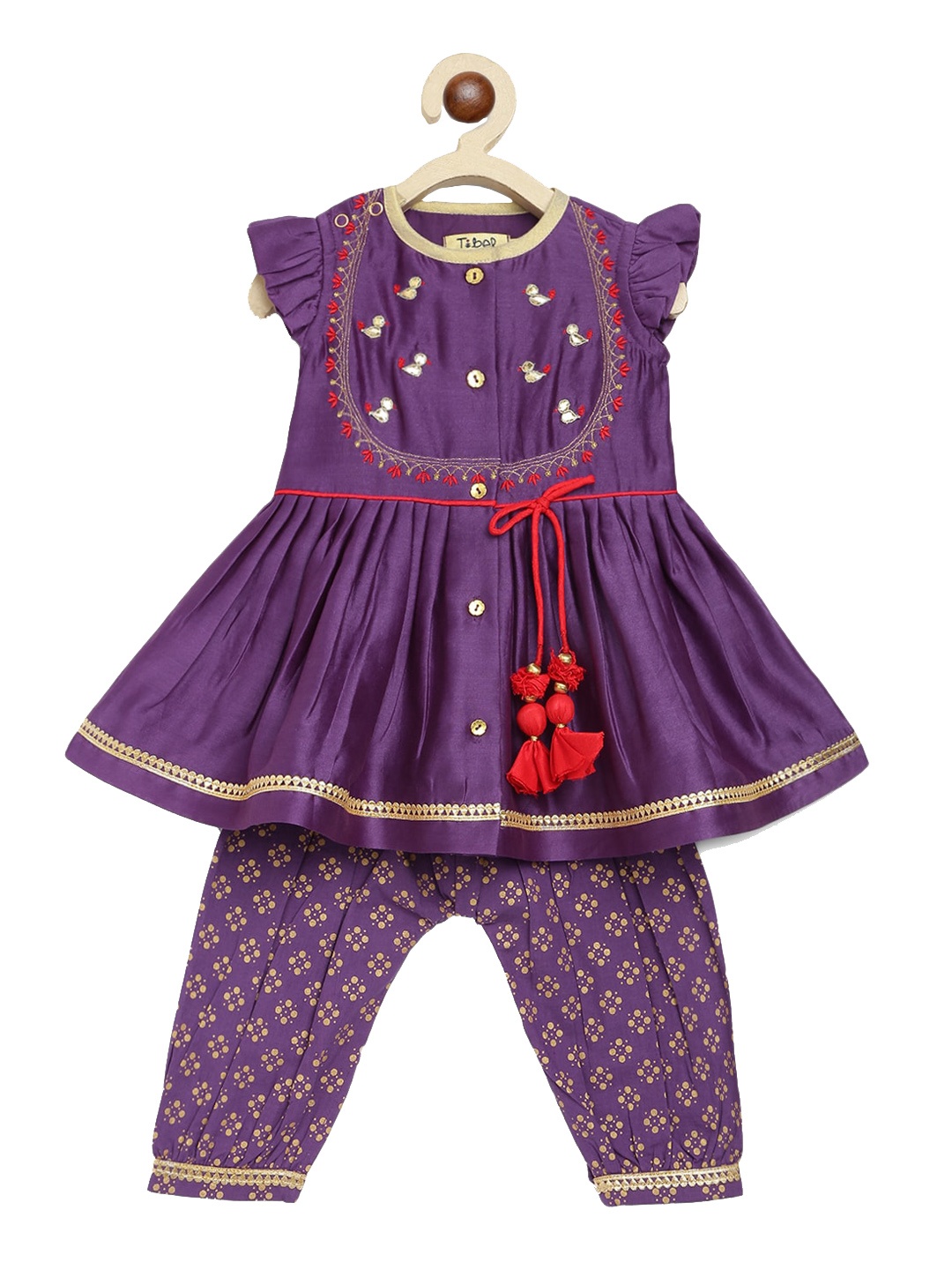 

Tiber Taber Girls Floral Embroidered Chanderi Silk Kurti with Salwar, Purple