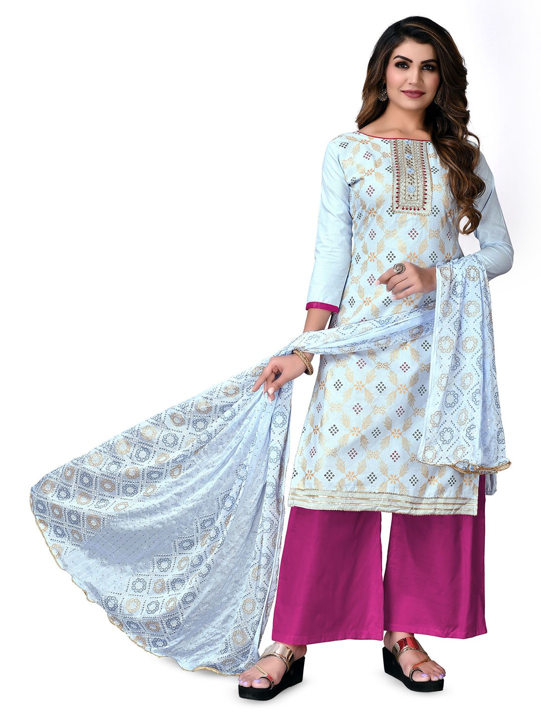 

KALINI Floral Embroidered Unstitched Dress Material, White