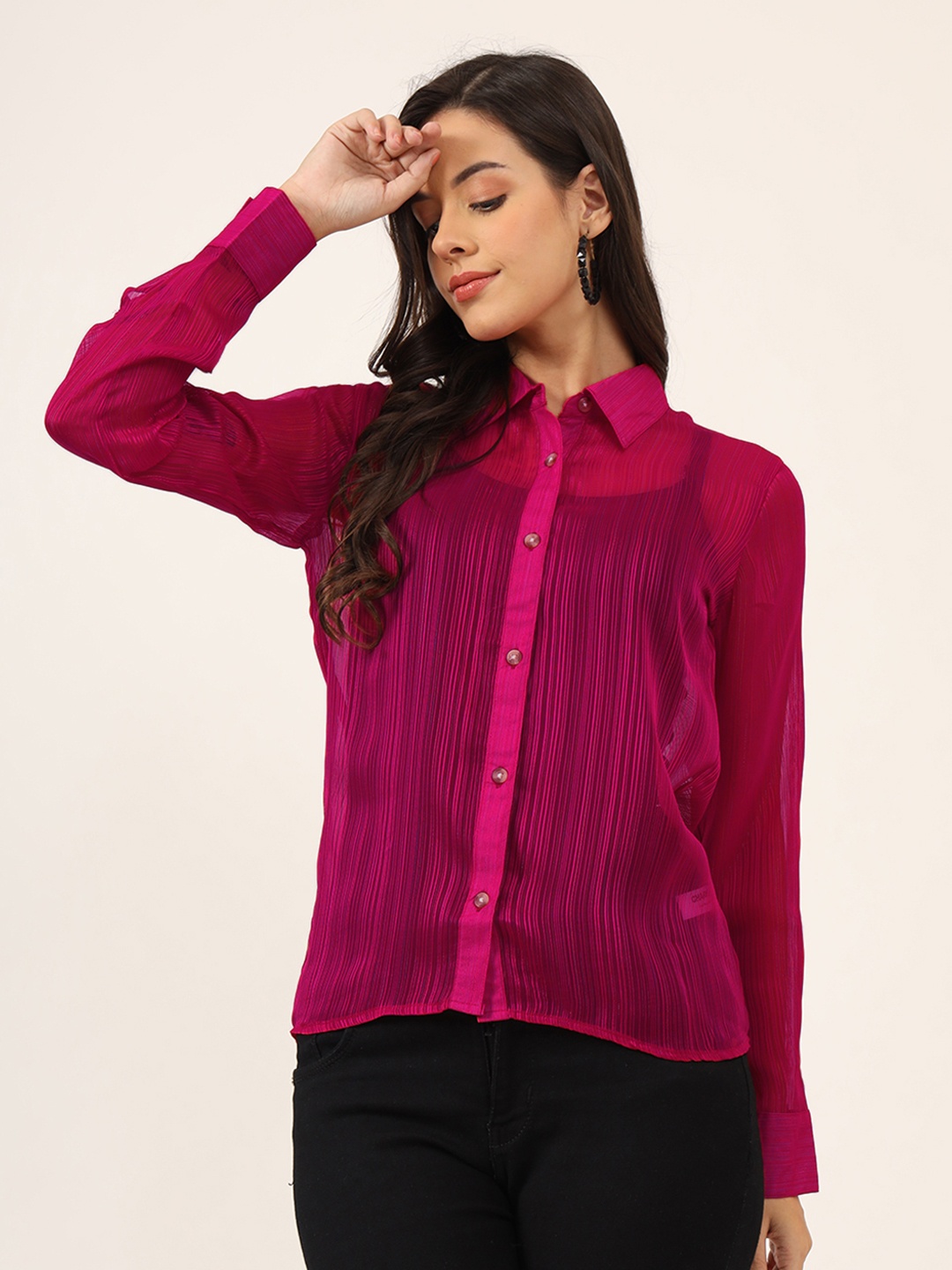 

CHARMGAL Classic Sheer Striped Casual Shirt, Pink