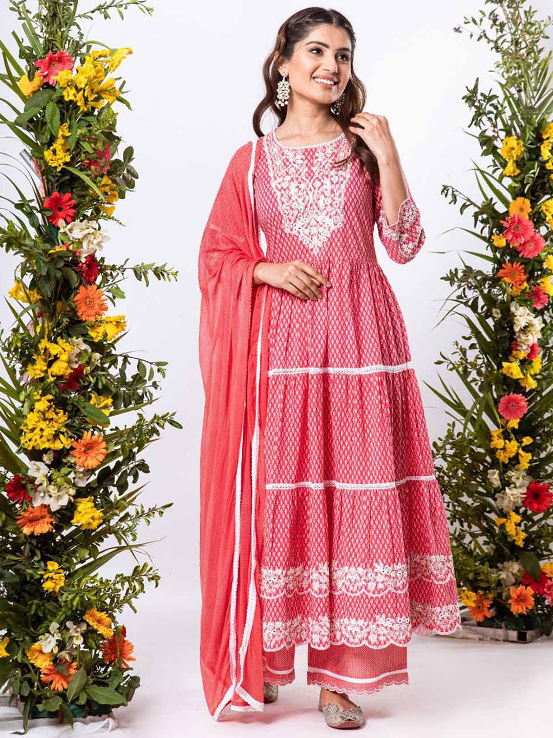 

KALINI Ethnic Motifs Printed Tiered Mirror Work Pure Cotton Kurta with Palazzos & Dupatta, Pink