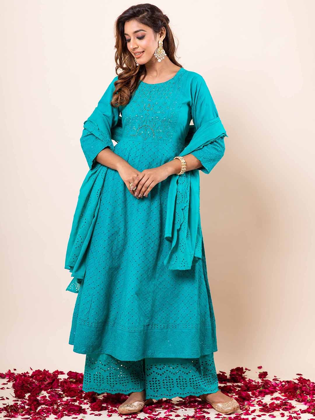 

KALINI Ethnic Motifs Embroidered Beads and Stones Pure Cotton Kurta with Palazzo & Dupatta, Turquoise blue