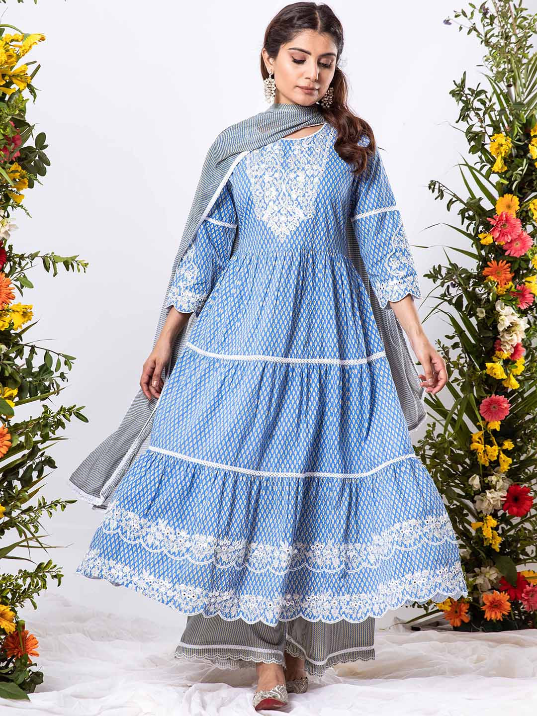 

KALINI Ethnic Motifs Printed Tiered Mirror Work Pure Cotton Kurta with Palazzos & Dupatta, Blue