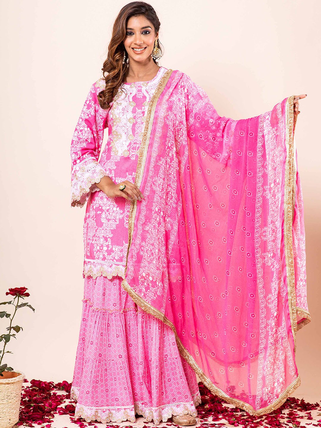

KALINI Ethnic Motifs Printed Regular Gotta Patti Kurta With Sharara & Dupatta, Pink