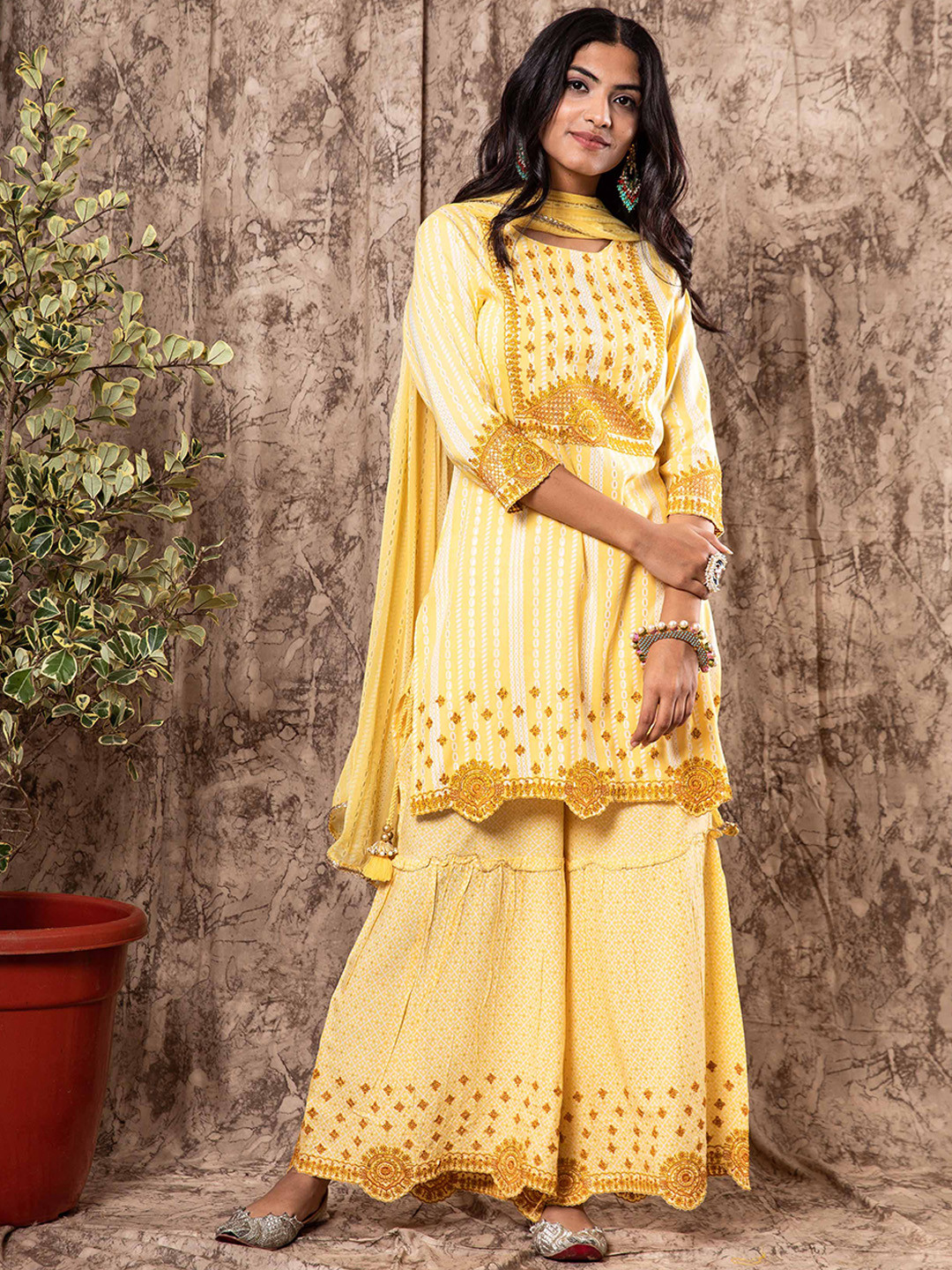 

KALINI Ethnic Motifs Embroidered Kurti & Sharara With Dupatta, Yellow