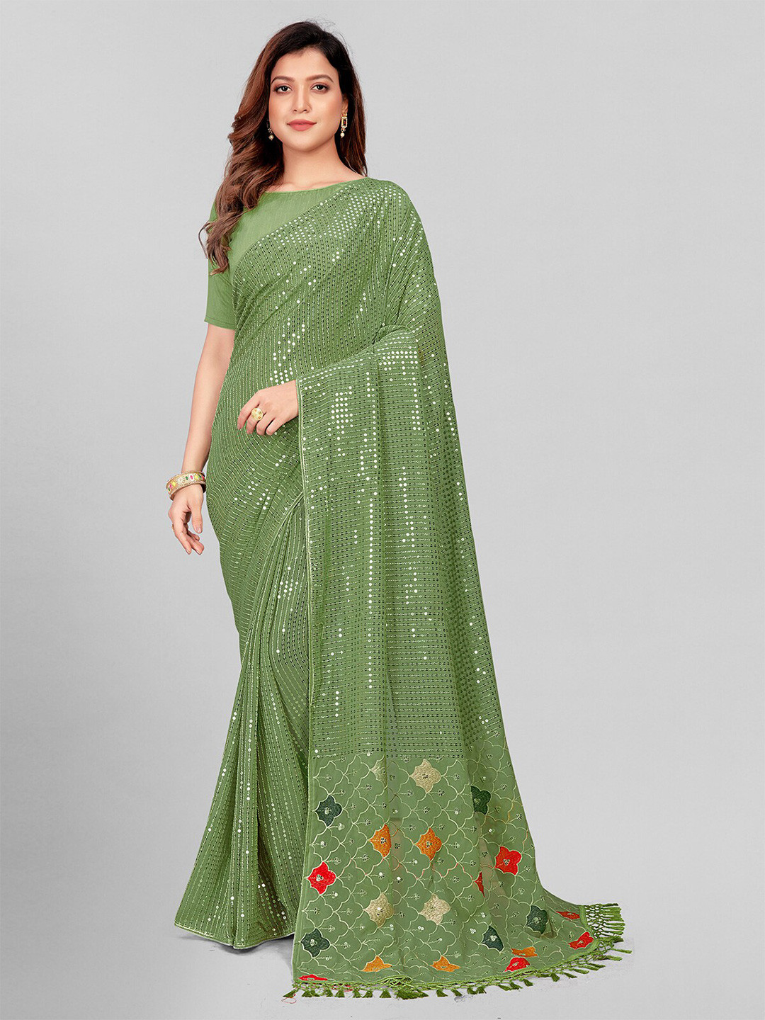 

KALINI Embellished Sequinned Pure Georgette Saree, Fluorescent green