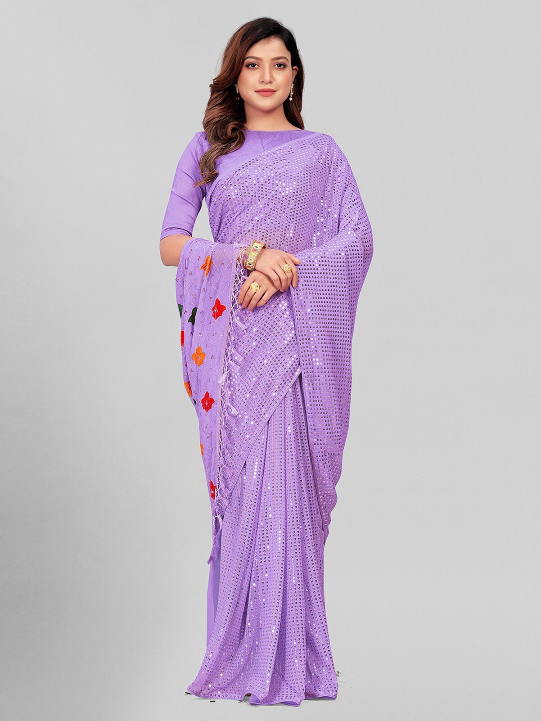 

KALINI Embellished Sequinned Pure Georgette Saree, Purple