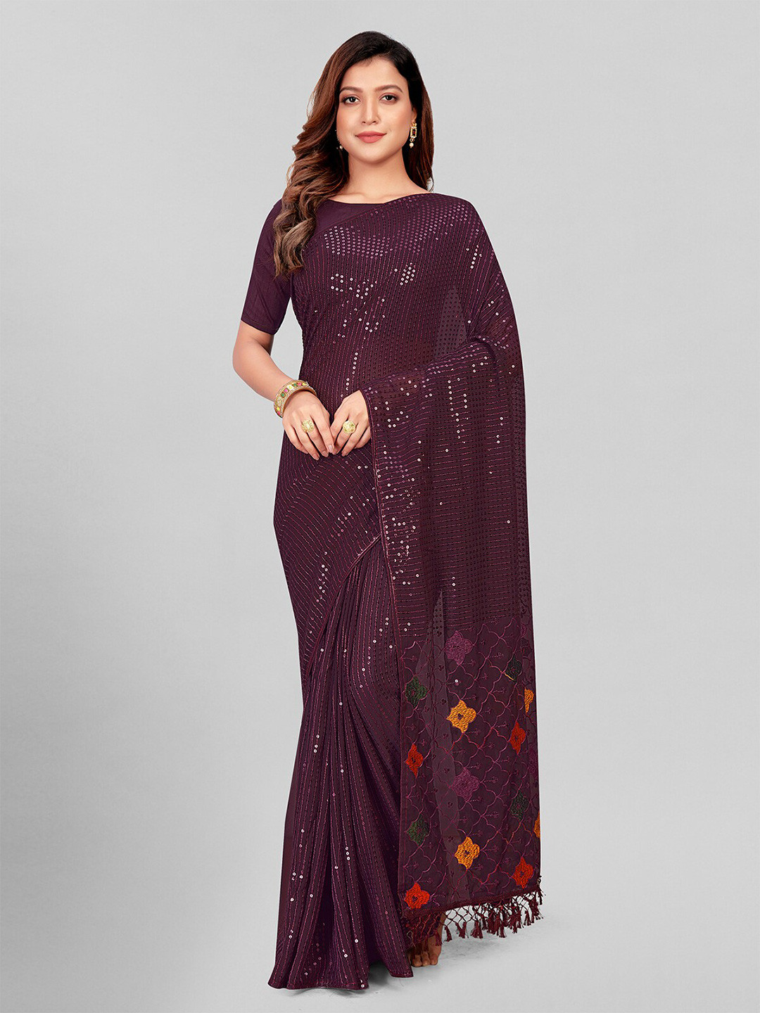 

KALINI Embellished Sequinned Pure Georgette Saree, Purple