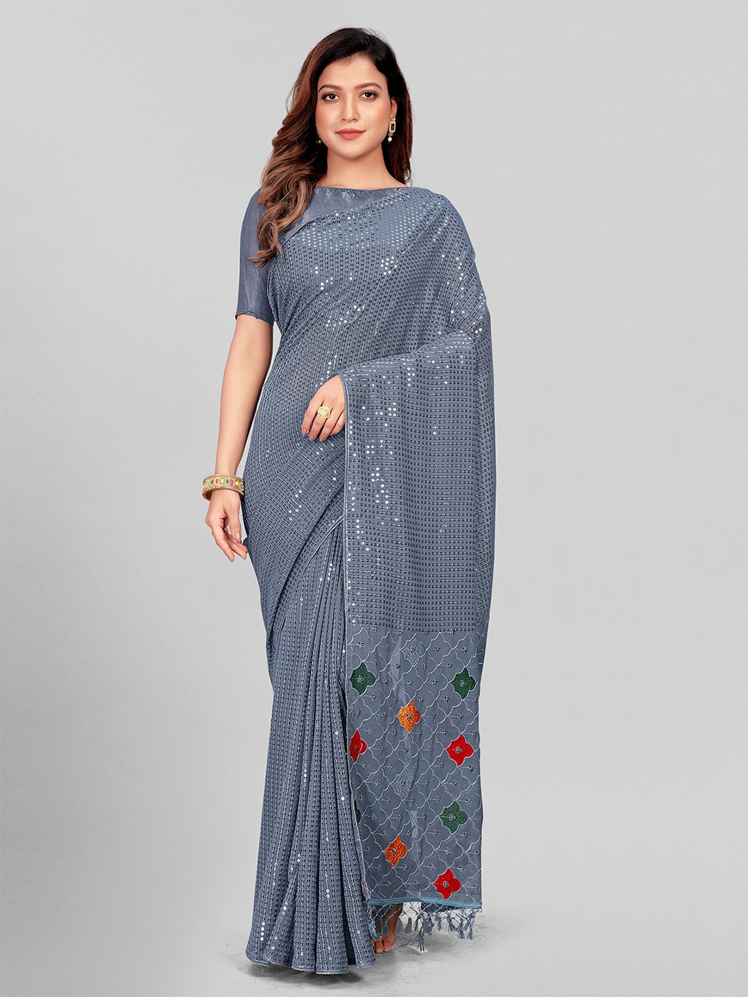 

KALINI Embellished Sequinned Pure Georgette Saree, Grey