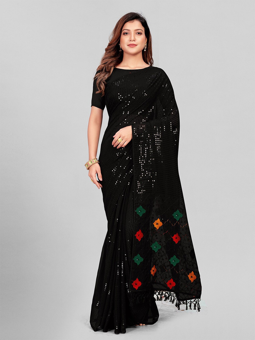 

KALINI Embellished Sequinned Pure Georgette Saree, Black