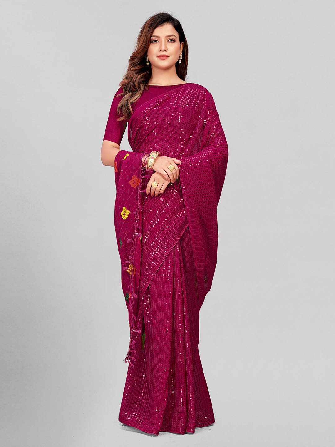 

KALINI Embellished Sequinned Pure Georgette Saree, Pink