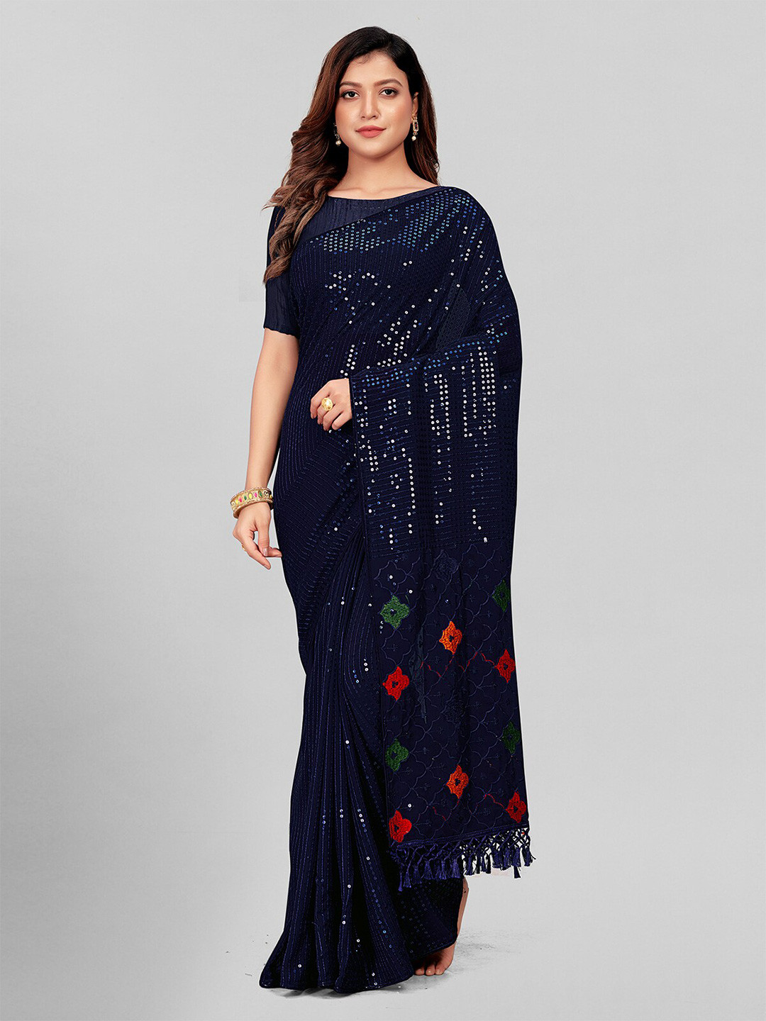 

KALINI Embellished Sequinned Pure Georgette Saree, Blue