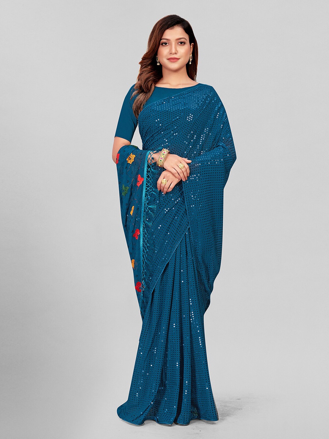 

KALINI Embellished Sequinned Pure Georgette Saree, Teal