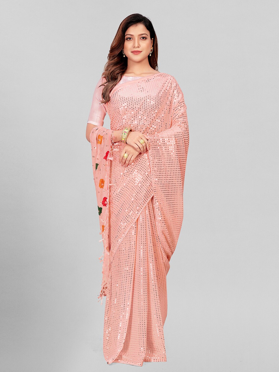 

KALINI Embellished Sequinned Pure Georgette Saree, Rose