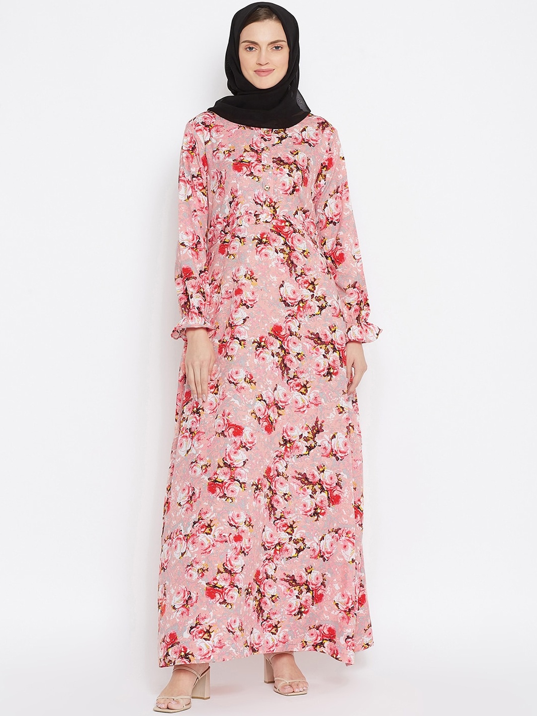 

NABIA Floral printed A-line Nida Matte Abaya Burqa, Pink