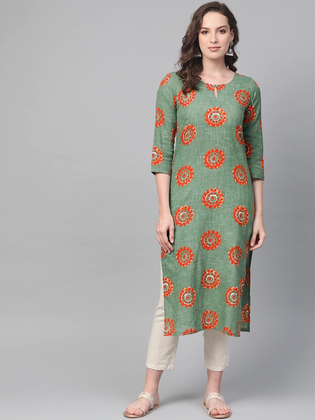 

AHIKA Floral Printed Cotton Kurta, Green