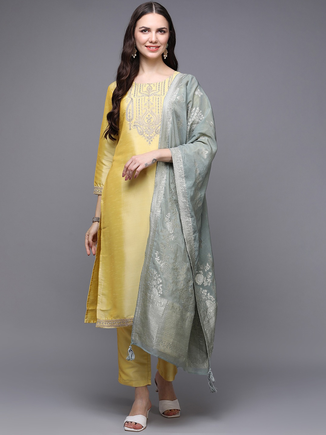 

AHIKA Embroidered Thread Work Straight Kurta With Trousers & Dupatta, Yellow