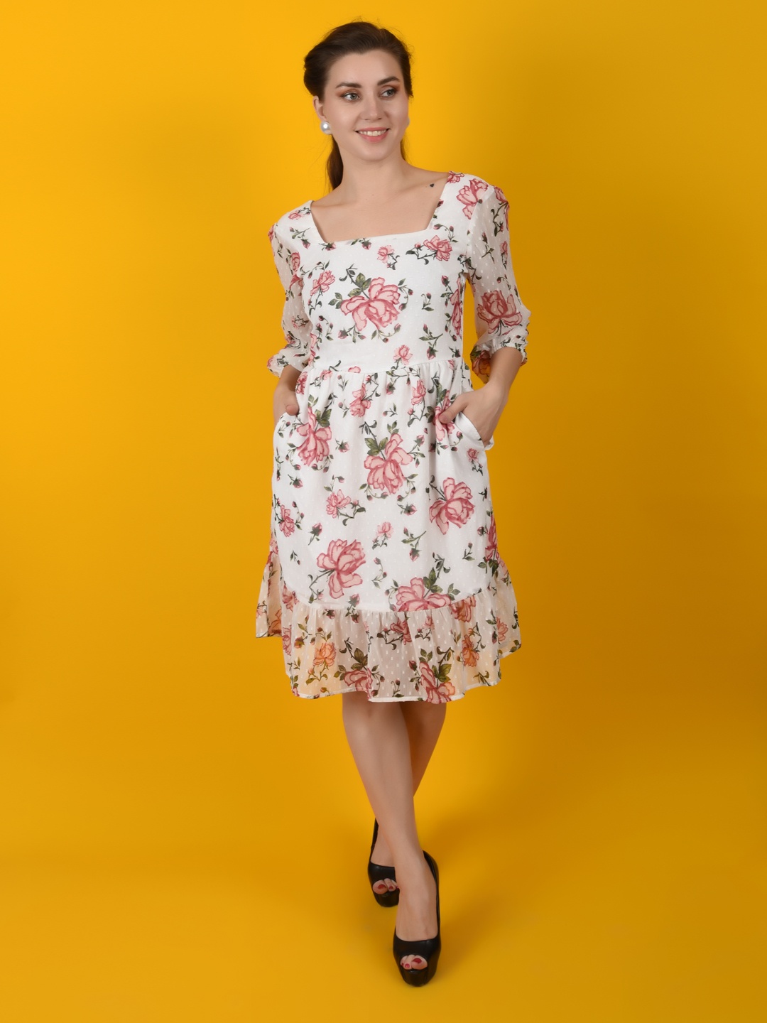 

FLAWLESS Floral Printed Square Neck Chiffon Fit & Flare Dress, White